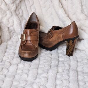 Sofft Brown Distressed Leather Women's Heeled Loafers Marbled Block Heel Sz 6.5